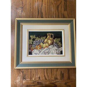 Vintage Framed Needlepoint Still Life With Fruit & Jug  20"x17"